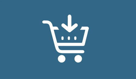 A white outline of a shopping cart with an arrow pointing to groceries on a blue background.