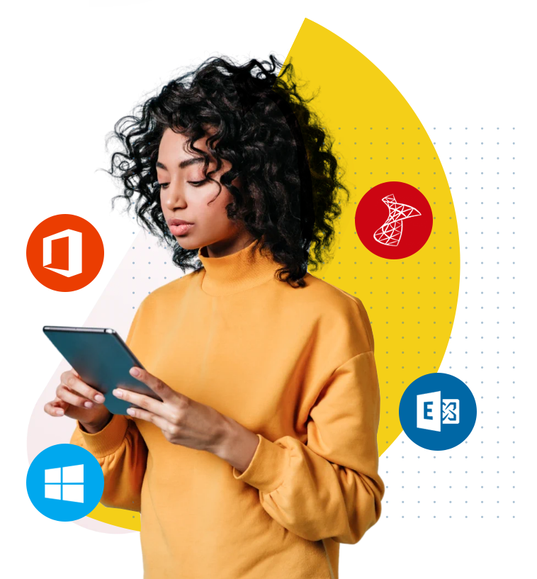 Woman wearing an orange jumper holding a tablet with Microsoft logos added around her.